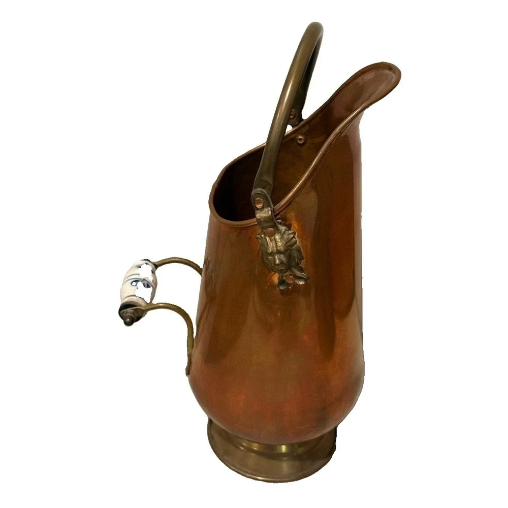 Vintage Copper Coal Scuttle/Bucket W/ Ceramic Handle Lion Decoratives, 13